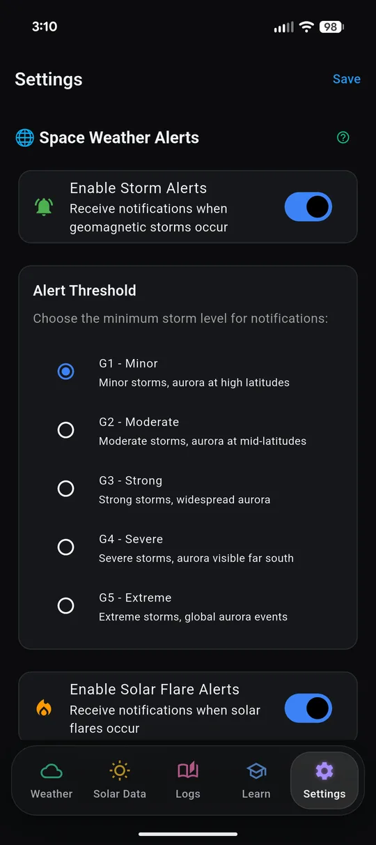 Alert threshold settings, G1 to G5